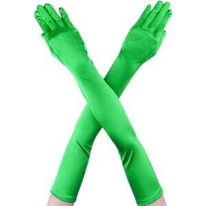 Women's Green Full Finger Mittens Elbow Spandex Satin Long Sleek Evening Gloves